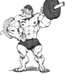  2020 abs anthro armpit_hair bandanna barbell biceps big_bulge big_muscles black_and_white bodily_fluids body_hair bottomwear bulge clothed clothing erection erection_under_clothing exercise grimfaust_(nightterror) huge_muscles kerchief looking_at_viewer male mammal monochrome muscular muscular_anthro muscular_male nightterror obliques pecs plantigrade polar_bear quads shorts simple_background sketch solo standing sweat tattoo ursid ursine vein veiny_muscles weightlifting white_background workout 