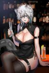  1girl animal_ears arknights arm_strap arm_support bare_arms bare_shoulders black_dress breasts china_dress chinese_clothes commentary_request crossed_legs cup dress genderswap genderswap_(mtf) grey_eyes highres holding holding_cup large_breasts leopard_ears leopard_tail long_hair looking_at_viewer scar silver_hair silverash_(arknights) sitting sleeveless sleeveless_dress smile solo tail thigh_strap thighhighs thighs yavalley 