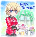  bangs black_skirt blonde_hair blue_eyes blush braid burafu cake cake_slice cup darjeeling_(girls_und_panzer) dated flower food fork fruit garden girls_und_panzer happy_birthday holding holding_fork holding_plate jacket long_sleeves looking_at_viewer military_jacket outdoors plate pleated_skirt red_jacket skirt smile st._gloriana&#039;s_military_uniform strawberry swept_bangs teapot 