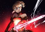  1girl bangs bare_shoulders blonde_hair blood braid breasts clarent cutoffs cuts eyebrows_visible_through_hair fate/apocrypha fate/grand_order fate_(series) green_eyes hair_ornament hair_scrunchie injury lightning mordred_(fate) mordred_(fate)_(all) navel ponytail red_scrunchie saigokukun scrape scratches scrunchie small_breasts smile solo sword weapon 