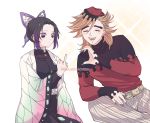  1boy 1girl animal_print aoirnn belt belt_buckle black_hair black_jacket blonde_hair blue_butterfly blue_headwear blush buckle bug butterfly butterfly_hair_ornament butterfly_print douma_(kimetsu_no_yaiba) eyelashes fangs fangs_out fingernails hair_ornament haori heart heart_hands highres insect jacket japanese_clothes kimetsu_no_yaiba kochou_shinobu long_sleeves middle_finger no_hat no_headwear pants purple_eyes smile thick_eyebrows turtleneck white_belt white_pants 