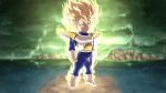  1boy absurdres aura blonde_hair blood blood_on_face bruise_on_face closed_mouth cloud cloudy_sky dragon_ball dragon_ball_z english_commentary full_body gloves green_eyes green_sky highres lightning looking_at_viewer male_focus namek saiyan_armor serious sky solo son_gohan spiked_hair srojam standing super_saiyan super_saiyan_1 what_if white_footwear white_gloves 