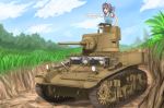  3girls :q black_eyes black_hair blue_eyes blue_hair breasts brown_hair caterpillar_tracks cloud day grass green_eyes ground_vehicle gun headphones m3_stuart military military_vehicle motor_vehicle multiple_girls open_mouth original ponytail shirt short_hair sky smile sturmjager tank tongue tongue_out tree weapon 