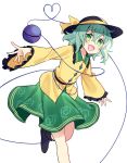  1girl bangs blush bow collared_shirt commentary_request eyeball eyebrows_behind_hair floral_print frilled_shirt_collar frilled_sleeves frills green_eyes green_hair green_skirt hat hat_bow hat_ribbon heart heart_of_string kaminokefusa komeiji_koishi long_sleeves looking_at_viewer open_hands open_mouth outstretched_arms ribbon shirt shoes skirt standing standing_on_one_leg string third_eye touhou wavy_hair white_background wide_sleeves yellow_bow yellow_ribbon yellow_shirt 