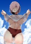  1girl ass_visible_through_thighs blue_sky blush breasts buruma cameltoe cloud commentary_request eyebrows_visible_through_hair fate/grand_order fate_(series) hair_over_one_eye highres kobo_(cobo_0609) lifted_by_self mash_kyrielight navel open_mouth purple_eyes purple_hair shirt_lift short_hair sky solo sweat thighhighs underboob white_legwear 
