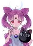  1girl ahoge alternate_costume bandaid bandaid_on_face bangs bishoujo_senshi_sailor_moon black_lady chibi_usa child closed_mouth crescent crescent_moon double_bun facial_mark facing_viewer food forehead_mark gem heart highres holding ice_cream jewelry long_hair looking_at_viewer luna-p melting moon nail_polish necklace newz_(primnewz) no_nose parted_bangs pink_hair red_eyes red_nails sad solo spilling twintails very_long_hair white_background younger 