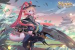  2020 anthro asian_clothing clothing detailed_background hat headgear headwear hi_res holding_object holding_weapon male official_art pink_body pink_scales red_eyes scales scalie sdorica sdorica_sunset solo unknown_artist weapon yonghyeon 