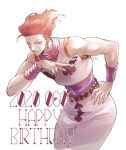  1boy artist_name card dated earrings hand_on_hip happy_birthday highres hisoka_morow hunter_x_hunter jewelry leaning_forward red_eyes red_hair simple_background smile solo spade_(shape) standing teardrop_tattoo ushi_424 white_background 