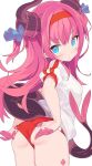  1girl adjusting_buruma adjusting_clothes ass back bangs blade_(galaxist) blue_eyes blue_ribbon blush buruma closed_mouth curled_horns double_vertical_stripe dragon_horns dragon_tail elizabeth_bathory_(brave)_(fate) elizabeth_bathory_(fate)_(all) eyebrows_visible_through_hair fate/grand_order fate_(series) from_behind gym_shirt gym_uniform hair_ribbon headband horns long_hair looking_at_viewer looking_back panties panties_under_buruma panty_peek pink_hair pink_panties pointy_ears red_buruma red_headband ribbon shirt short_sleeves slit_pupils solo striped striped_panties tail two_side_up underwear very_long_hair 