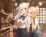  2girls blonde_hair book bow gray_hair long_hair matsusatoru_kouji original school_uniform shoujo_ai skirt 