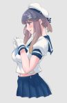  1girl blush breasts dress from_side grey_background highres kantai_collection large_breasts long_hair multicolored_hair older purple_hair sailor_collar sailor_dress solo sozan tsushima_(kantai_collection) 