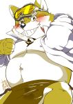  2020 anthro apron belly black_nose blush bumomomoboa canid canine canis clothed clothing domestic_dog fur hi_res kemono live-a-hero male mammal navel nipples open_clothing open_shirt open_topwear overweight overweight_anthro overweight_male procy shirt solo topwear video_games visor white_body white_fur yellow_body yellow_fur 