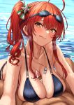  1boy 1girl absurdres ahoge azur_lane bangs bikini black_bikini blush breasts brown_eyes censored check_commentary cleavage closed_mouth collarbone commander_(azur_lane) commentary_request covered_nipples cum cum_on_body cum_on_breasts cum_on_upper_body cumdrip eyebrows_visible_through_hair goggles goggles_on_head hair_between_eyes hair_ornament head_tilt heavy_breathing hetero highres large_breasts leaning_forward licking_lips long_hair looking_at_viewer momo_no_sukebe mosaic_censoring o-ring o-ring_bikini paizuri penis pov red_hair side_ponytail sidelocks smile solo_focus swimsuit tongue tongue_out wet whistle whistle_around_neck zara_(azur_lane) zara_(poolside_coincidence)_(azur_lane) 
