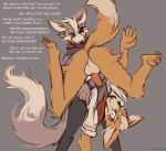  anthro balls bottomless canid canine canis clothed clothing dialogue duo fox fox_mccloud fur genitals grey_body grey_fur grin holding_partner humanoid_genitalia humanoid_penis male male/male mammal nintendo orange_body orange_fur penis smile star_fox upside_down video_games vimes_(artist) wolf wolf_o&#039;donnell 