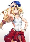  1girl armpits backwards_hat baseball_cap blonde_hair blush bracelet breasts choker cleavage covered_navel cowboy_shot fate/apocrypha fate_(series) green_eyes hand_on_headwear hand_on_hip hat highres jewelry long_hair looking_at_viewer low-tied_long_hair mordred_(fate) mordred_(fate/apocrypha) one-piece_swimsuit sketch small_breasts solo swimsuit swimsuit_under_clothes tonee very_long_hair white_background 