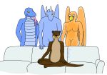  anthro apode avian biped breasts colored crossed_legs digital_drawing_(artwork) digital_media_(artwork) draconcopode dragon dzamie female forked_tongue fur furniture goo_creature group gryphon hi_res horn looking_at_viewer lutrine male mammal meme mustelid mythological_avian mythology naga nude piper_perri_surrounded reptile scalie serpentine simple_background sitting smile snake sofa tongue wings 