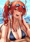  1boy 1girl absurdres ahoge azur_lane bangs bikini black_bikini blush breasts brown_eyes censored check_commentary cleavage collarbone commander_(azur_lane) commentary_request covered_nipples cum cum_on_body cum_on_breasts cum_on_upper_body cumdrip eyebrows_visible_through_hair goggles goggles_on_head hair_between_eyes hair_ornament head_tilt heavy_breathing hetero highres large_breasts leaning_forward long_hair looking_at_viewer momo_no_sukebe mosaic_censoring o-ring o-ring_bikini open_mouth paizuri penis pov red_hair side_ponytail sidelocks smile solo_focus swimsuit tongue tongue_out wet whistle whistle_around_neck zara_(azur_lane) zara_(poolside_coincidence)_(azur_lane) 