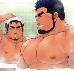  2boys :o bara bathroom beard black_hair brown_hair chest closed_eyes facial_hair frown goatee highres indoors looking_at_another male_focus manly masateruteru multiple_boys muscle nipples original pectorals short_hair showering sideburns smile thick_eyebrows towel towel_on_head upper_body water wet 