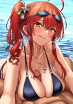  1boy 1girl absurdres ahoge azur_lane bangs bikini black_bikini blush breasts brown_eyes censored check_commentary cleavage closed_mouth collarbone commander_(azur_lane) commentary_request covered_nipples eyebrows_visible_through_hair goggles goggles_on_head hair_between_eyes hair_ornament head_tilt heavy_breathing hetero highres large_breasts leaning_forward licking_lips long_hair looking_at_viewer momo_no_sukebe mosaic_censoring o-ring o-ring_bikini paizuri penis pov red_hair side_ponytail sidelocks smile solo_focus swimsuit tongue tongue_out wet whistle whistle_around_neck zara_(azur_lane) zara_(poolside_coincidence)_(azur_lane) 