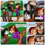  aaron_(artist) andy_porter anthro barefoot black_clothing black_eyebrows black_hair black_text blep blush bottomwear breasts brown_body brown_fur brown_tail bulge butt canid canine canis clothed clothing comic day dipstick_ears eyebrows felid footwear fully_clothed fur grey_body grey_bottomwear grey_clothing grey_fur grey_tail hair hi_res jaguar lagomorph leporid looking_at_breasts male mammal marcelo_(character) multicolored_ears outside pantherine pants purple_clothing purple_shirt purple_topwear rabbit red_clothing red_footwear shadow shirt side_view size_difference standing teeth text tongue tongue_out topwear url wolf 