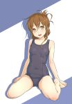  1girl alternate_costume barefoot blue_background blue_swimsuit breasts brown_eyes brown_hair collarbone covered_navel eyebrows_visible_through_hair folded_ponytail full_body hair_between_eyes highres inazuma_(kantai_collection) kantai_collection long_hair looking_at_viewer mujuuryoku_kantai old_school_swimsuit one-piece_swimsuit open_mouth school_swimsuit shadow small_breasts smile solo swimsuit two-tone_background white_background 