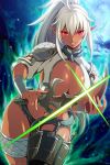  1girl ahoge bangs breasts cleavage dagger dark_elf dark_skin echidna_(queen&#039;s_blade) elf glint greaves holding holding_sword holding_weapon holster huge_breasts looking_at_viewer navel no_panties official_art pointy_ears ponytail queen&#039;s_blade queen&#039;s_blade_unlimited queen&#039;s_blade_white_triangle red_eyes revealing_clothes silver_hair silver_nails simple_background smile snake solo sword thigh_holster vambraces weapon 