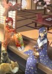  2girls animal blue_hair blue_kimono book cat floral_print flower fox hair_flower hair_ornament highres holding holding_animal holding_book holding_cat japanese_clothes kimono long_hair love_live! love_live!_school_idol_project multiple_girls nishikino_maki open_book open_mouth orein purple_eyes red_hair red_kimono shouji sitting sliding_doors smile sonoda_umi tatami veranda wide_sleeves yellow_eyes 