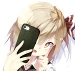  1girl blonde_hair bow cellphone collared_shirt dress_shirt gorilla_(bun0615) hair_bow hand_on_own_cheek highres holding holding_phone index_finger_raised iphone necktie phone portrait red_bow red_neckwear rumia shadow shirt short_hair simple_background smartphone solo touhou vest white_background yellow_eyes 