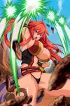  1girl arm_strap attack belt black_panties breasts club day hair_between_eyes highleg highleg_panties large_breasts long_hair looking_at_viewer mace official_art open_mouth outdoors panties pink_eyes queen&#039;s_blade queen&#039;s_blade_unlimited queen&#039;s_blade_white_triangle red_hair revealing_clothes risty shield solo spiked_club tan thighs underwear vambraces weapon 