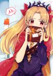  1girl ahoge aruti bangs blonde_hair blush box breasts cape chaldea_uniform cleavage commentary_request covering_mouth dress earrings ereshkigal_(fate/grand_order) eyebrows_visible_through_hair fate/grand_order fate_(series) flying_sweatdrops fujimaru_ritsuka_(female) gift gift_box hair_ornament hair_ribbon hair_scrunchie hands_up hiding highres holding holding_gift jewelry long_hair long_sleeves looking_at_viewer orange_hair parted_bangs red_cape red_eyes ribbon scrunchie short_hair solo_focus spoken_blush two_side_up upper_body yellow_nails 