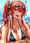  1boy 1girl absurdres ahoge azur_lane bangs bikini black_bikini blush breasts brown_eyes censored check_commentary cleavage collarbone commander_(azur_lane) commentary_request covered_nipples eyebrows_visible_through_hair goggles goggles_on_head hair_between_eyes hair_ornament head_tilt heavy_breathing hetero highres large_breasts leaning_forward long_hair looking_at_viewer momo_no_sukebe mosaic_censoring o-ring o-ring_bikini open_mouth paizuri penis pov red_hair side_ponytail sidelocks smile solo_focus swimsuit tongue tongue_out wet whistle whistle_around_neck zara_(azur_lane) zara_(poolside_coincidence)_(azur_lane) 