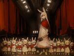  6+girls animal_ears axe blood bunny_ears capelet child dress_grab full_body long_hair looking_at_viewer low_twintails multiple_girls original red_capelet shaded_face shirokujira short_twintails twintails weapon white_hair 