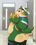  2020 4:5 absurd_res anthro bandanna bathroom belly blush butt canid canine canis cellphone domestic_dog fur green_body green_fur hi_res kemono kerchief live-a-hero male mammal mirror mokdai multicolored_body multicolored_fur nipples phone qqmelon888 selfie slightly_chubby smartphone solo two_tone_body two_tone_fur 