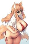  1girl animal_ear_fluff animal_ears bangs belly bikini bikini_under_clothes blush breasts brown_hair covered_nipples cowboy_shot curvy fate/extra fate/extra_ccc fate/extra_ccc_fox_tail fate/grand_order fate_(series) fox_ears fox_tail grin groin highres kuronyan large_breasts long_hair looking_at_viewer navel open_clothes open_shirt red_bikini shirt smile solo sunglasses suzuka_gozen_(fate) swimsuit tail thighs white_shirt wide_hips yellow_eyes 