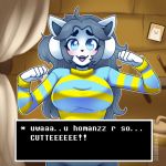  1:1 breasts clothed clothing dialogue_box female hair hi_res looking_at_viewer mammal open_mouth shirt solo standing tem temmie_(undertale) text topwear undertale video_games white_body yumkandie 