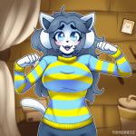  1:1 anthro breasts clothed clothing covering covering_mouth detailed_background female hair hi_res looking_at_viewer mammal shirt solo standing tem temmie_(undertale) topwear undertale video_games white_body yumkandie 