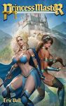  2girls back-to-back bare_shoulders black_hair blonde_hair blue_eyes blush breasts castle chrisnfy85 cinderella_(disney) cleavage cover cover_page downscaled hill jasmine_(disney) jewelry large_breasts lowres multiple_girls navel novel_cover princess princess_master resized thighs tiara warrior 