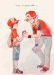  2boys age_difference baseball_cap chase_(pokemon) faceless faceless_male hand_on_own_knee hanenbo hat highres holding holding_poke_ball hunched_over jacket multiple_boys poke_ball poke_ball_(basic) pokemon pokemon_(game) pokemon_frlg pokemon_lgpe red_(pokemon) red_headwear red_jacket shoes short_sleeves sneakers teeth translation_request wristband 