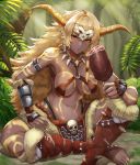  1girl bare_shoulders blonde_hair bone boned_meat breasts commentary_request dark_skin detached_sleeves fingernails food forest fur_trim highres holding holding_bone jojobirdz long_hair looking_at_viewer meat monster_girl monster_hunter monster_hunter:_world nature navel personification rajang red_eyes sharp_fingernails sitting skull slit_pupils solo tribal 