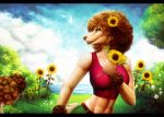  anthro breasts canid canine canis clothed clothing colored digital_drawing_(artwork) digital_media_(artwork) digital_painting_(artwork) domestic_dog female flower fur glowing hair mammal open_mouth plant poodle portrait puddle rizonik shaded smile solo sparkles sunflower 