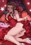  1girl aerith_gainsborough ass bed blush bracelet breasts brown_hair cleavage dress dress_lift exlic final_fantasy final_fantasy_vii final_fantasy_vii_remake finger_to_mouth flower full-package_futanari futanari green_eyes hair_flower hair_ornament hair_ribbon high_heels highres jewelry looking_at_viewer lying naughty_face no_panties on_bed on_side penis pillow pussy red_dress ribbon shushing side_slit solo star_(symbol) strapless strapless_dress testicles uncensored 