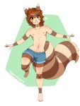  3:4 anthro bottomwear brown_body brown_eyes brown_fur brown_hair clothed clothing eyebrow_through_hair eyebrows facial_markings fur furret girly hair happy head_markings hi_res hotpants huggablehusky looking_at_viewer male markings multicolored_body multicolored_fur navel nintendo on_one_leg pok&eacute;mon pok&eacute;mon_(species) ringtail shorts simple_background smile solo standing topless translucent translucent_hair two_tone_body two_tone_fur video_games wide_hips 