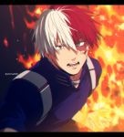 1boy blue_eyes blue_jacket blurry boku_no_hero_academia burn_scar commentary_request depth_of_field fire grey_eyes hair_between_eyes heterochromia jacket letterboxed looking_at_viewer male_focus mashima_shima multicolored_hair open_mouth red_hair scar short_hair solo teeth todoroki_shouto twitter_username two-tone_hair upper_body v-shaped_eyebrows white_hair 