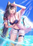  1girl ;d absurdres animal_ear_fluff animal_ears bangs bikini black_hair blue_bikini blue_sky bow breasts cat_ears cat_tail cleavage clio_(dabingshi_clio_da) cloud collarbone cup day drinking_straw eyebrows_visible_through_hair eyewear_on_head fang fish green_eyes hair_bow halterneck highlights highres holding holding_cup karyl_(princess_connect!) leaning_forward long_hair medium_breasts multicolored_hair one_eye_closed open_clothes open_mouth open_shorts outdoors princess_connect! princess_connect!_re:dive red_bow shiny shiny_hair short_shorts shorts sideboob skin_fang skindentation sky smile solo summer sunglasses sunlight swimsuit tail thigh_strap very_long_hair wading white-framed_eyewear white_shorts 