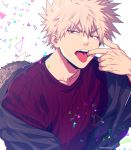  1boy bakugou_katsuki black_jacket blonde_hair blurry boku_no_hero_academia cardigan commentary_request depth_of_field finger_in_mouth fur-trimmed_jacket fur_trim jacket looking_to_the_side male_focus mashima_shima open_clothes open_jacket open_mouth purple_cardigan red_eyes short_hair solo spiked_hair tongue tongue_out triangle twitter_username upper_body upper_teeth v-shaped_eyebrows white_background 