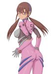  1girl bodysuit breasts closed_mouth evangelion:_2.0_you_can_(not)_advance glasses highres long_hair looking_at_viewer makinami_mari_illustrious neon_genesis_evangelion pink_bodysuit plugsuit popo_agaga rebuild_of_evangelion sideboob simple_background smile solo white_background 