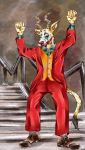  absurd_res antelope anthro beastars bodypaint bovid clothed clothing dancing detailed_background eyes_closed face_paint felid gabby_lioness hi_res horn hybrid joker leopard male mammal melon_(beastars) meme pantherine solo stairs 
