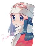  1girl beanie black_hair blurry blush character_name closed_mouth coat commentary_request dawn_(pokemon) eyelashes grey_eyes hair_ornament hairclip hanenbo hat highres long_hair looking_at_viewer pokemon pokemon_(game) pokemon_dppt pokemon_platinum red_coat scarf sidelocks solo upper_body white_background white_headwear white_scarf 