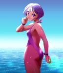  1girl asada_okina ass bare_shoulders breasts day dokidoki!_precure from_behind kenzaki_makoto looking_at_viewer looking_back ocean one-piece_swimsuit precure purple_eyes purple_hair purple_swimsuit shiny shiny_clothes shiny_hair shiny_skin short_hair small_breasts smile solo standing swimsuit water 