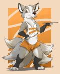  2020 anthro bottomwear canid canine cheek_tuft clothing crop_top facial_tuft femboy_hooters fox fur grey_body grey_fur head_tuft hi_res holding_plate louart male mammal midriff multi_tail neck_tuft shirt shorts simple_background smile solo standing topwear tuft white_body white_fur 